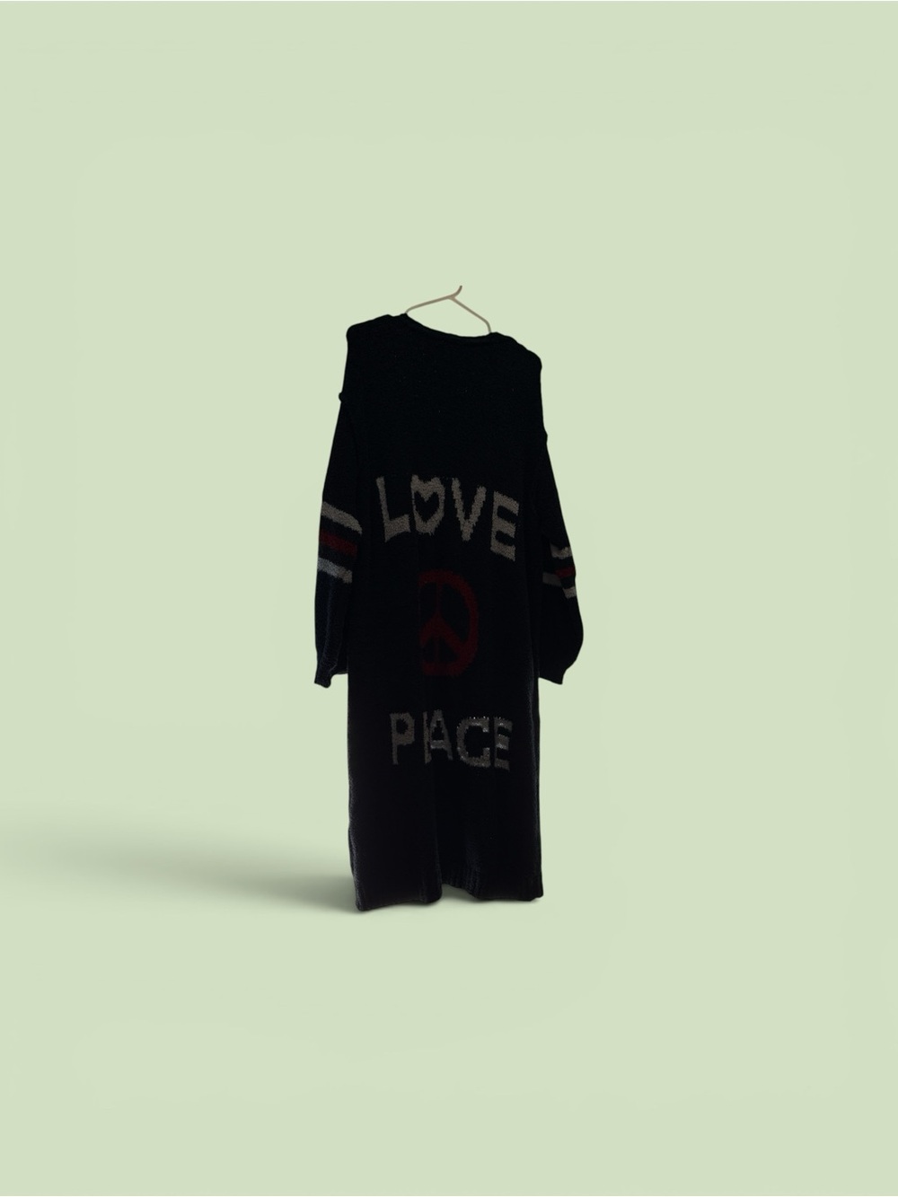 Black 'Love Peace' Long Knit Cardigan with Graphic Detail